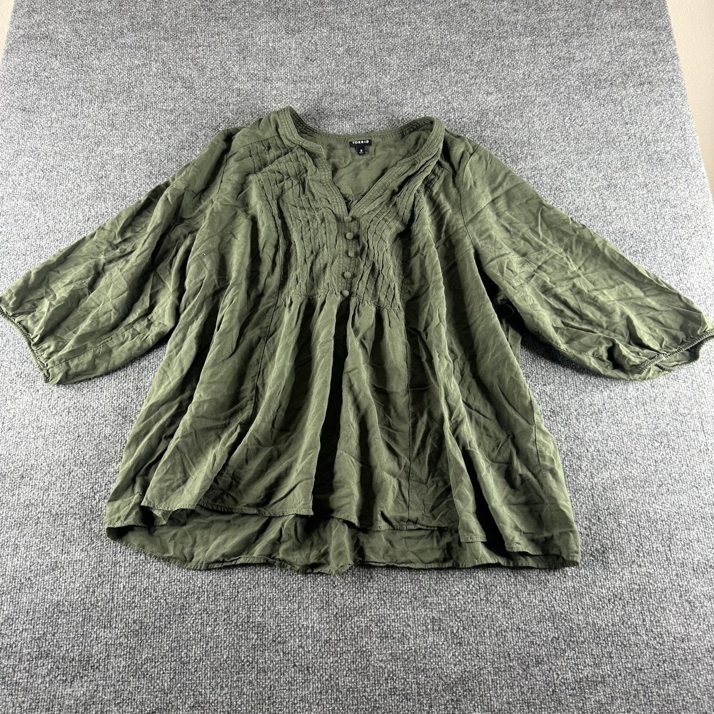 Torrid Blouse Womens 3 Green Henley 3/4 Balloon Sleeve Pleated Tunic Top